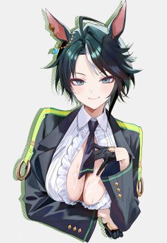 Rule 34 | 1girl, absurdres, ahoge, animal ears, arm under breasts, black gloves, black hair, black jacket, black necktie, blue eyes, blush, breasts, center frills, center opening, cleavage, closed mouth, collared shirt, ear ornament, ear piercing, frilled shirt, frills, fuji kiseki (shooting star revue) (umamusume), fuji kiseki (umamusume), gloves, hair between eyes, highres, horse ears, horse girl, jacket, large breasts, long sleeves, looking at viewer, multicolored hair, necktie, no bra, o-ring, open clothes, open jacket, partially unbuttoned, piercing, shirt, short hair, simple background, smile, solo, suujiniku, sweat, umamusume, upper body, white background, white hair, white shirt, white streaks