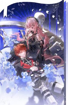 1girl black_dress black_suit blue_flower blue_rose blush bone breasts commentary_request couple dress emiya_shirou fate/stay_night fate_(series) flower formal_clothes gaoyue_jixiang highres jacket long_hair long_sleeves momomiya_shizuku_(gaoyue_jixiang) oc_x_canon orange_hair original purple_flower red_hair red_suit ribbon rose skeleton skull sleeping sleeveless sleeveless_dress smile suit zzz