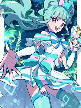 1girl amity_ribbon_tamourine aqua_bow aqua_hat aqua_shorts aqua_thighhighs bike_shorts blue_bow blue_bowtie blue_choker bow bowtie brooch choker commentary_request cowboy_shot cure_lillian dress dress_bow earrings gloves hair_bow half_gloves hat heart heart_brooch highres holding jewelry long_hair looking_at_viewer magical_girl medium_dress mini_hat mini_top_hat minogi1029 nekoyashiki_mayu off-shoulder_dress off_shoulder open_mouth outstretched_arm pink_bow pouch precure purple_eyes shorts shorts_under_dress side_ponytail smile solo sparkle thighhighs tilted_headwear top_hat white_dress white_gloves wonderful_precure!