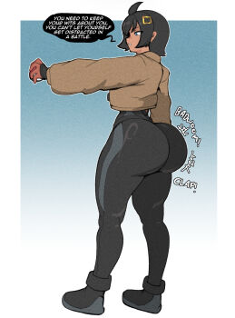 1girl ass ass_focus black_hair blue_eyes bodysuit dark-skinned_female dark_skin emma_(pokemon) english_text gloves highres huge_ass jacket nintendo pokemon pokemon_legends:_z-a shoes short_hair speech_bubble the_varking