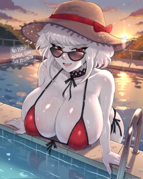 1girl albino bare_shoulders bikini blush breasts cleavage cloud cloudy_sky collarbone colored_skin curvy evening gradient_sky highres horizon huge_breasts la_albina_(tidal) large_breasts long_hair looking_at_viewer medium_hair mountainous_horizon open_mouth orange_sky original outdoors pool pool_ladder poolside red_bikini red_eyes scenery side-tie_bikini_bottom sky smile solo spanish_commentary spanish_text sun sunlight sunset swimsuit tidal_(tidaltides) water wet white_hair white_skin yellow_sky