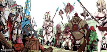 6+boys 6+girls amputee blonde_hair breasts crown crystal dark-skinned_female dark_skin elf eyepatch facial_hair fat fat_man female_focus floating_hair highres huge_belly huge_breasts knight loincloth mage_staff multiple_boys multiple_girls mutton_chops navel nipple_chain nipple_piercing nipple_rings nipples orc original outdoors piercing pink_hair pointy_ears polearm ponytail pregnancy_mark pregnant pubic_tattoo rags red_hair sky slave spear staff standing sword tattoo weapon white_sky wings yakou_(4507770)