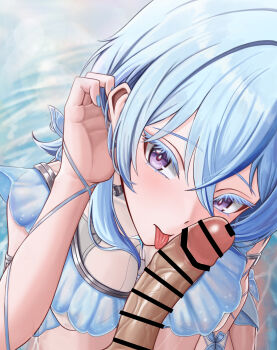 1boy 1girl absurdres armlet bar_censor blue_dress blue_hair blue_nails blush breasts censored closed_mouth colored_eyelashes commentary commonalty dress erection fellatio fingernails from_above hand_up highres jewelry licking licking_penis looking_at_viewer looking_up medium_breasts nail_polish oral paid_reward_available penis pov purple_eyes shorekeeper_(wuthering_waves) sitting sleeveless sleeveless_dress tongue tongue_out variant_set wuthering_waves