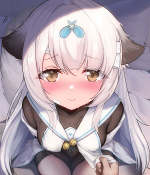 Rule 34 | 1girl, :>, absurdres, animal ears, armpit crease, azur lane, bandaged head, bandages, between legs, blush, bodysuit, breast curtain lift, breast curtains, closed mouth, collarbone, commentary request, covered erect nipples, covered navel, dutch angle, from above, hand between legs, highres, legs together, long hair, looking at viewer, miyuki (azur lane), on bed, rodriguez (kamwing), sailor collar, sidelocks, sitting, smile, solo focus, sweat, tail, thighs, very long hair, white hair, yellow eyes