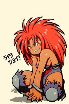 1girl bare_shoulders beeru_(veil8801) big_hair blue_leotard bracelet breakers breasts dark-skinned_female dark_skin facial_mark fang fingernails full_body grey_nails grin highleg highleg_leotard highres jewelry leotard long_hair medium_breasts nail_polish red_eyes red_hair rila_estancia shadow sharp_fingernails sharp_toenails simple_background smile solo squatting strapless strapless_leotard teeth toenail_polish toenails whisker_markings white_background