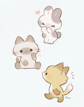 Rule 34 | > <, :3, animal, animal focus, artist name, ayu (mog), blush, cat, closed mouth, commentary, commentary request, english commentary, fox, heart, mixed-language commentary, no humans, nose blush, notice lines, original, rabbit, romaji commentary, simple background, solid circle eyes, white background