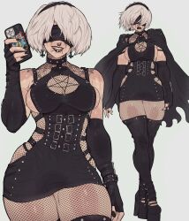 Rule 34 | 2024, 2b (nier:automata), alternate costume, cellphone, commentary, ear piercing, english commentary, fishnets, goth fashion, highres, holding, holding phone, lip piercing, nier:automata, nier (series), nose piercing, phone, piercing, white background, white hair, yoracrab