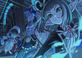 Rule 34 | 1girl, 2boys, abs, absurdres, aruchi (fyaw7228), black-framed eyewear, black jacket, black vest, blunt ends, bow, brown eyes, brown hair, cape, claw (weapon), colored skin, commentary request, cowboy shot, dragon quest, dragon quest x, earrings, elf (dq10), emphasis lines, fairy wings, fins, fish boy, floating hair, fringe trim, gold earrings, hair slicked back, hat, head fins, highres, holding, holding shield, holding weapon, holding whip, hoop earrings, horns, indoors, jacket, jewelry, long hair, looking ahead, monster boy, multiple boys, muscular, muscular male, pelt, pink skin, pointy ears, profile, purple hair, purple skin, red eyes, red horns, shield, upper body, vest, weapon, weddie (dq10), white bow, white cape, white hat, white jacket, wings