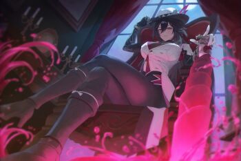 1girl adjusting_clothes adjusting_headwear ashveil_(honkai:_star_rail) black_hair boots bracelet breasts candlestand cane commentary crossed_legs curtains cutoffs et0 fedora genderswap genderswap_(mtf) gloves grey_eyes hair_between_eyes hat hat_ornament high_heel_boots high_heels highres holding holding_cane honkai:_star_rail honkai_(series) indoors jewelry large_breasts long_hair moon picture_frame pink_liquid prosthesis prosthetic_arm single_glove sitting table thighs tight_clothes untranslatable_commentary vest waistcoat window