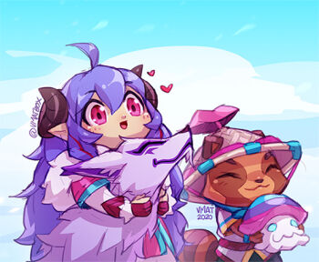1boy 1girl :3 ahoge artist_name blue_hair day fur_trim hat heart horns hug kindred_(league_of_legends) lamb_(league_of_legends) league_of_legends long_hair long_sleeves mushroom official_alternate_costume outdoors pink_eyes pointy_ears red_hair smile spirit_blossom_(league_of_legends) spirit_blossom_kindred spirit_blossom_teemo teemo vmat wolf_(league_of_legends) yordle