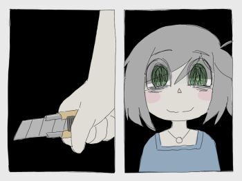 Rule 34 | 1girl, 2koma, @ @, bags under eyes, blue shirt, blush stickers, boxcutter, closed mouth, comic, crazy eyes, crazy smile, creepy, green eyes, grey hair, holding, holding boxcutter, jewelry, looking at viewer, mentha (menthalovely), mint (menthalovely), necklace, original, shaded face, shirt, short hair, smile, straight-on