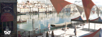 absurdres boat building cat city commentary copyright_name day english_commentary highres ocean original outdoors people pier prezonya46 re:extinction scenery shade shadow simple_bird tent watercraft