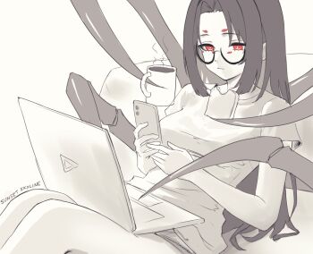 1girl arthropod_limbs black_hair bread bread_slice cellphone coffee_mug commentary computer cup english_commentary extra_eyes food glasses holding holding_cup holding_phone hololive hololive_english kumomane laptop mug phone red_eyes shirt signature sunsetskyline t-shirt toast virtual_youtuber