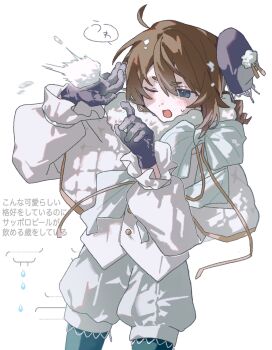1boy absurdres ahoge androgynous aqua_pantyhose beret bishounen blue_bow blue_eyes blue_gloves bow brown_hair capelet cowboy_shot drill_hair drill_ponytail edgar_valden frilled_sleeves frills fur-trimmed_capelet fur_trim gloves hat highres identity_v looking_ahead male_focus one_eye_closed open_mouth pantyhose puffy_shorts puffy_sleeves shirt short_eyebrows shorts small_sweatdrop snowball snowball_fight translation_request trap u0el_t white_capelet white_shirt white_shorts