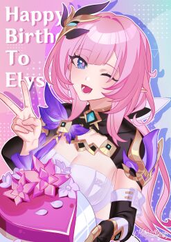 1girl ;o absurdres artist_request black_gloves blue_eyes breasts cake chinese_commentary cleavage commentary_request corset elf elysia_(honkai_impact) elysia_(miss_pink_elf)_(honkai_impact) food gloves hair_ornament happy_birthday heart heart-shaped_cake heart-shaped_food highres honkai_(series) honkai_impact_3rd large_breasts long_hair one_eye_closed pink_hair pointy_ears second-party_source shrug_(clothing) single_glove solo two-tone_background v very_long_hair white_corset