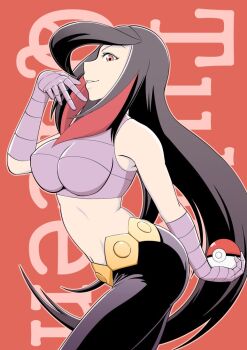 1girl black_hair black_pants breasts commentary_request crop_top from_side gloves holding holding_poke_ball ihara_shigekatsu large_breasts long_hair lucy_(pokemon) midriff multicolored_hair navel nintendo pants poke_ball poke_ball_(basic) pokemon pokemon_emerald pokemon_rse profile purple_gloves red_eyes red_hair solo white_mouth