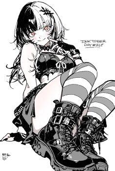 Rule 34 | 1girl, arm support, bare shoulders, black boots, black choker, black hair, black skirt, blunt bangs, blush, boots, breasts, buckle, choker, crop top, finger to cheek, fingerless gloves, full body, gloves, highres, hololive, hololive english, inktober, kneehighs, lace-up boots, long hair, looking at viewer, midriff, multicolored hair, muted color, orange eyes, shelovesbali, shiori novella, simple background, sitting, skirt, smile, socks, solo, striped clothes, striped socks, thighs, two-tone hair, virtual youtuber, white background, white hair
