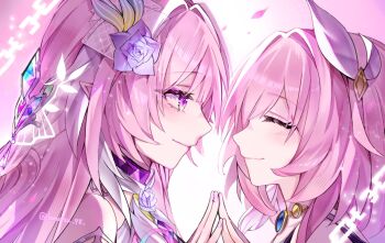 2girls commentary_request cyrene_(aedes_elysiae)_(honkai:_star_rail) cyrene_(honkai:_star_rail) cyrene_(ripples_of_past_reverie)_(honkai:_star_rail) dual_persona falling_petals flower hair_flower hair_ornament highres honkai:_star_rail honkai_(series) jewelry konatsu_78 long_hair looking_at_another multicolored_hair multiple_girls necklace petals pink_hair purple_eyes short_hair smile twitter_username two-tone_hair very_long_hair white_hair