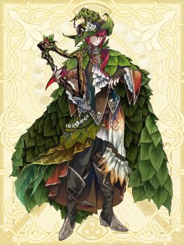 1boy angora_hamasaki ascot bead_bracelet beads black_boots black_bridal_gauntlets black_pants black_vest blueberry boots bracelet bridal_gauntlets brooch brown_shirt chain_paradox cloak closed_mouth demon_tail facial_tattoo fake_horns feather_trim flower flower_ornament food frilled_sleeves frills fruit fruit_hat_ornament full_body gem green_cloak green_hat hair_ornament hair_over_shoulder hands_up hat hat_flower highres holding holding_instrument horned_hat horned_headwear horns instrument jewelry leaf_clothing leaf_hair_ornament leaf_hat leaf_print long_hair long_sleeves looking_at_viewer low_ponytail lyre male_focus pants plant pointy_hat ponytail puffy_long_sleeves puffy_sleeves red_hair shirt smile solo standing swept_bangs tail tansa_osmanthus tattoo vest vines waist_cape white_ascot white_flower yellow_background yellow_eyes