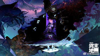 Rule 34 | 3girls, arknights, arknights: endfield, black hair, chinese commentary, closed eyes, commentary request, demon girl, demon horns, endministrator (arknights), female endministrator (arknights), highres, horns, logo, long hair, multiple girls, official art, perlica (arknights), pointy ears, profile, rin9, snow, watermark, weibo username, weibo watermark