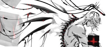 1boy arknights biceps black_halo black_wings cable colored_shadow doctahmem executor_(arknights) from_side halo holding looking_down male_focus mechanical_spine muscular muscular_male partially_colored shadow simple_background sketch topless_male white_background wings