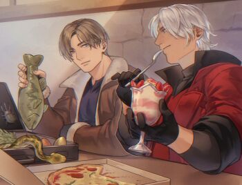 2boys animal beetle black_gloves black_shirt blue_eyes blue_shirt brown_coat brown_hair bug coat commentary_request cup dante_(devil_may_cry) dbox_2525 devil_may_cry_(series) devil_may_cry_1 fingerless_gloves fish food fur-trimmed_coat fur_trim gloves grey_hair holding holding_animal holding_cup holding_fish insect leon_s._kennedy looking_at_another male_focus multiple_boys parfait parted_bangs pizza pizza_box red_coat red_vest resident_evil resident_evil_4 scarab shirt snake strawberry_parfait upper_body utensil_in_mouth vest