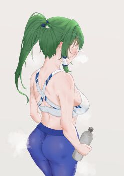 1girl absurdres alternate_costume alternate_hairstyle ass back bare_shoulders blue_pants blue_sports_bra blush bottle bra breasts commentary_request cowboy_shot frog_hair_ornament from_behind hair_ornament hair_tubes highres holding holding_bottle kochiya_sanae lace lace_panties long_hair medium_breasts mo_zhu panties panties_under_yoga_pants panties_visible_through_clothes pants ponytail see-through_clothes see-through_pants sideboob sidelocks simple_background solo sports_bra sportswear steaming_body sweat thick_thighs thighs touhou training_bra two-tone_sports_bra underwear very_sweaty water_bottle white_background white_sports_bra yoga_pants