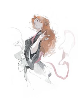 1girl absurdres black_kimono bleach closed_mouth from_side grey_eyes hand_in_own_hair highres japanese_clothes kanji_(nievart) kimono long_hair matsumoto_rangiku orange_hair smile solo white_background wide_sleeves