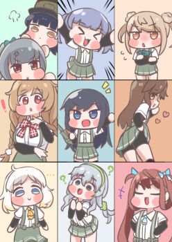 anger_vein arare_(kancolle) arashio_(kancolle) arm_warmers asagumo_(kancolle) asashio_(kancolle) bike_shorts bike_shorts_under_skirt black_hair blush_stickers brown_hair collared_shirt commentary_request cowboy_shot dress_shirt grey_hair grey_skirt hands_on_own_hips hat kantai_collection kasumi_(kancolle) michishio_(kancolle) minegumo_(kancolle) natsugumo_(kancolle) ooshio_(kancolle) pleated_skirt shirt skirt sun_fle suspender_skirt suspenders twintails upper_body white_hair white_shirt yamagumo_(kancolle)