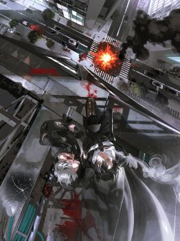 2boys absurdres belt black_belt black_gloves black_hair black_jacket black_necktie black_pants black_shirt black_shoes black_smoke blood blood_on_clothes blood_on_face blood_splatter bloody_weapon broken_glass brown_shoes building bullet_hole car chest_belt cigarette city closed_eyes collar collared_shirt commission corpse death english_text explosion fire firing formal_clothes from_above glass gloves grey_eyes gun hair_between_eyes handgun highres holding holding_gun holding_knife holding_weapon jacket knife light_particles long_sleeves male_focus mau_sakura motor_vehicle multicolored_hair multiple_boys necktie original outdoors pants parted_lips red_collar road shirt shoes short_hair skeb_commission smile smoke smoking standing streaked_hair street suit two-tone_hair upside-down weapon white_hair white_shirt