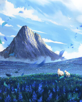 blue_flower blue_sky cloud commentary day english_commentary flower grass hill kloir landscape meadow mountain original painterly petals scenery sheep sky wind