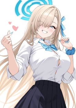 1girl asuna_(blue_archive) asuna_(school_uniform)_(blue_archive) black_choker black_skirt blue_archive blue_bow blue_bowtie blue_eyes blue_halo blue_nails blue_ribbon blue_scrunchie blush bow bowtie breasts button_gap choker cleavage espada_gcon finger_heart fingernails hair_intakes hair_over_one_eye halo highres large_breasts long_hair looking_at_viewer nail_polish pleated_skirt ribbon school_uniform scrunchie shirt_tucked_in simple_background skirt smile solo very_long_hair white_background wrist_scrunchie