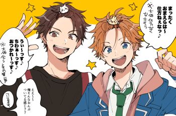 2boys akehoshi_subaru bangs_pinned_back black_shirt blazer blue_eyes blue_jacket brown_eyes brown_hair chiikawa chiikawa_(character) commentary ensemble_stars! green_necktie hair_ornament hairclip hand_up highres hood hood_down hooded_jacket jacket lapels long_sleeves looking_at_viewer male_focus mitobinyo morisawa_chiaki multiple_boys necktie notched_lapels open_mouth orange_hair pink_jacket school_uniform shirt smile speech_bubble star_(symbol) symbol-only_commentary teeth translation_request upper_body usagi_(chiikawa) yumenosaki_school_uniform