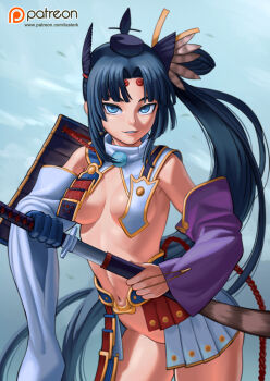 1girl armor asymmetrical_sleeves black_hair blue_eyes breasts detached_sleeves fate/grand_order fate_(series) female_focus hair_ornament hat holding holding_sword holding_weapon japanese_armor kusazuri lasterk long_hair looking_at_viewer mismatched_sleeves navel no_panties pom_pom_(clothes) revealing_clothes shoulder_armor skirt smile sode solo sword ushiwakamaru_(fate) ushiwakamaru_(second_ascension)_(fate) very_long_hair weapon