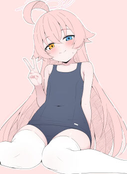 1girl absurdres ahoge blue_archive blue_eyes blush flat_chest halo heterochromia highres hoshino_(blue_archive) long_hair looking_at_viewer mistel_(sukebemistel) one-piece_swimsuit pink_hair school_swimsuit simple_background solo swimsuit thighhighs v white_thighhighs