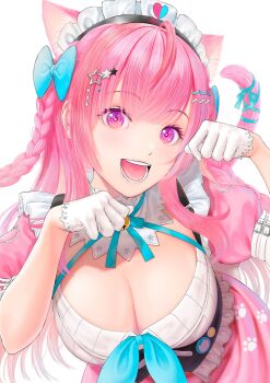 1girl 26itoguchi0w0 ahoge animal_ears badge bell blue_bow blue_ribbon blush bow braid breasts button_badge cat_ears cat_girl cat_hair_ornament cat_tail cleavage commentary dress extra_ears gloves hair_bow hair_ornament hairclip heart heart_print highres indie_virtual_youtuber jingle_bell large_breasts leaning_forward long_hair looking_at_viewer maid maid_headdress neck_bell neck_ribbon open_mouth paw_pose paw_print pink_dress pink_eyes pink_hair pink_tail ribbon short_sleeves simple_background smile solo star_(symbol) star_hair_ornament tail tail_ornament tail_ribbon teeth tongue two_side_up virtual_youtuber white_background white_dress white_gloves yuuki_sakuna
