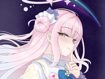 1girl absurdres blue_archive blue_bow blue_bowtie blue_flower blush bow bowtie capelet commentary finger_to_mouth flower from_side hair_flower hair_ornament hair_scrunchie halo highres long_hair mika_(blue_archive) parted_lips pink_hair pink_halo purple_scrunchie scrunchie shaded_face shushing smile solo user_pnez3722 white_capelet white_scrunchie wrist_scrunchie yellow_eyes