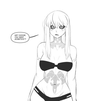 1girl abs absurdres alternate_hairstyle bad_tag bare_shoulders bikini black_bikini breasts cowboy_shot curvy cyberpunk:_edgerunners cyberpunk_(series) english_text grey_eyes greyscale hair_between_eyes highres looking_at_another lower_teeth_only medium_breasts monochrome navel neck_tattoo open_mouth rebecca_(cyberpunk) sidelocks simple_background sketch solo speech_bubble stomach_tattoo swimsuit talking tattoo teeth truelordpotato white_background white_hair wide_hips