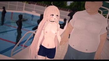 1girl 3d absurdres age_difference artist_request blonde_hair blue_male_swimwear blue_swim_trunks blurry blurry_background blush breasts character_request chromatic_aberration copyright_request crossdressing exhibitionism grey_male_swimwear grey_swim_trunks highres holding_hands long_hair male_swimwear male_swimwear_challenge multiple_boys nipples pool public_indecency small_breasts source_request standing swim_trunks swimsuit tagme topless_female water