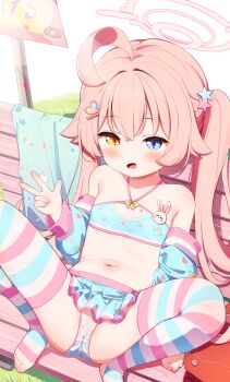 1girl absurdres ahoge backpack bag bare_shoulders bench bikini blue_archive blue_eyes blue_sleeves blush bow crop_top crossed_bangs detached_sleeves dot_nose feet fingernails flat_chest hair_between_eyes hair_ornament hairclip halo hand_up heart heart_hair_ornament heterochromia highres hoshino_(blue_archive) huge_ahoge jojifuku knees_up loli long_hair looking_at_viewer multicolored_panties multicolored_skirt navel open_mouth panties pink_bow pink_hair pink_halo randoseru setmen skirt solo spread_legs squatting star_(symbol) star_hair_ornament stirrup_legwear stomach striped_clothes striped_thighhighs swimsuit thighhighs thighs toeless_legwear toenails toes twintails underwear very_long_hair w wooden_bench yellow_eyes zettai_ryouiki