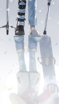 1boy absurdres broken_leg commentary_request confetti crutch different_reflection grey_background grey_footwear grey_pants grusha_(pokemon) highres male_focus nintendo pants pokemon pokemon_sv reflection shiruko_(s1ruko) slippers snowing socks standing