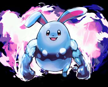 :3 azumarill biceps clenched_hands fukurou_(owl222) full_body gen_2_pokemon glowing highres huge_power_(pokemon) looking_at_viewer muscular nintendo no_humans parody pokemon pokemon_(creature) rabbit_ears simple_background solo tail what