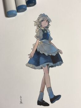 1girl apron art_tools_in_frame artist_name black_shoes blue_eyes blue_skirt blue_vest bow braid collared_shirt commentary_request full_body green_bow green_ribbon grey_hair hair_bow highres izayoi_sakuya maid_headdress marker marker_(medium) medium_hair neck_ribbon puffy_short_sleeves puffy_sleeves ribbon shiratama_(hockey) shirt shoes short_sleeves side_braids sideways_glance signature skirt socks solo touhou traditional_media vest waist_apron white_apron white_shirt white_socks