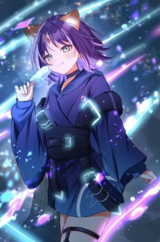 1girl animal_ear_fluff animal_ears black_choker blue_background blue_hoodie cho_kaguya-hime! choker closed_mouth commentary_request cowboy_shot food forehead_jewel glowing green_eyes highres holding holding_food holding_popsicle hood hood_down hoodie japanese_clothes long_sleeves looking_at_viewer natukisigure parted_bangs popsicle purple_hair sakayori_iroha short_hair smile solo standing wide_sleeves