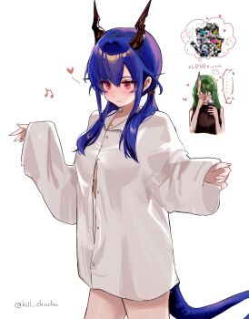 !? ... 2girls absurdres arknights beamed_eighth_notes black_shirt blue_hair blush breasts button_gap cellphone censored ch'en_(arknights) closed_mouth collared_shirt commentary covering_face cowboy_shot cropped_torso dragon_girl dragon_horns dragon_tail dress_shirt glitch glitch_censor green_hair hair_between_eyes hands_up heart highres hill_chuchu holding holding_phone horns hoshiguma_(arknights) large_breasts long_hair long_sleeves low_twintails multiple_girls musical_note nail_polish naked_shirt no_bra no_pants nose_blush oni oversized_clothes oversized_shirt partially_unbuttoned phone red_eyes revision shirt sidelocks simple_background single_horn skin-covered_horns sleeveless sleeveless_shirt smartphone speech_bubble spoken_ellipsis standing tail taking_picture tearing_up thought_bubble turtleneck turtleneck_shirt twintails twitter_username white_background white_shirt