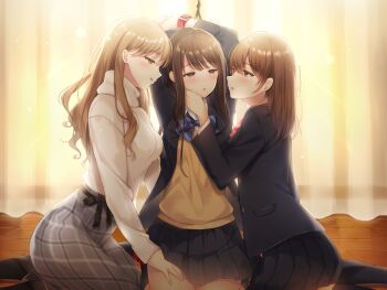 Rule 34 | 3girls, arms behind back, bdsm, black skirt, black socks, blazer, blush, bondage, bound, bow, bowtie, breasts, brown eyes, brown hair, buttons, collarbone, collared shirt, commentary request, crossed arms, curtains, femdom, girl sandwich, hair between eyes, hand on another's cheek, hand on another's face, hand on another's thigh, highres, indoors, jacket, kneehighs, long hair, long sleeves, medium breasts, multiple girls, ninomiya akane, noda shuha, open mouth, plaid clothes, plaid skirt, pleated skirt, red bow, red bowtie, rope, sandwiched, school uniform, see-through silhouette, seiza, shimizu kana, shirt, sidelocks, sitting, skirt, smile, socks, sweater, teacher and student, thighs, voice drama available, wavy hair, white shirt, yubinotacto, yukimura rie, yuri