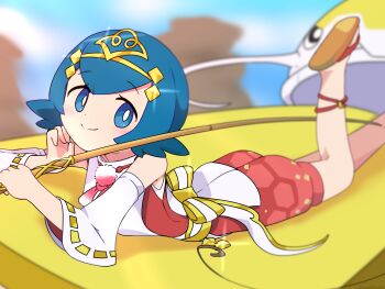 1girl alternate_color blue_eyes blue_hair colored_tongue commentary_request detached_sleeves fishing_rod highres holding holding_fishing_rod komori541milk lana_(new_year's_2026)_(pokemon) lana_(pokemon) looking_at_viewer lying nintendo official_alternate_costume on_stomach pokemon pokemon_(creature) pokemon_masters_ex sandals shiny_pokemon the_pose tongue tongue_out whiskers yellow_tongue