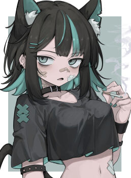 1girl absurdres animal_ears arm_strap bandaid bandaid_on_cheek bandaid_on_face bandaid_on_neck bandaid_on_nose bandaid_on_stomach black_choker black_hair black_shirt breasts cat_ears cat_girl cat_tail choker cigarette cleavage collarbone cropped_shirt ear_piercing fang green_eyes green_hair green_nails hair_ornament hairpin highres hisha_(kan_moko) large_breasts midriff multicolored_hair nail_polish open_mouth original piercing shirt sidelocks smoke smoking solo streaked_hair tail wristband