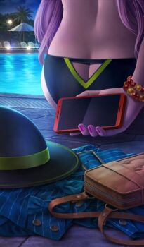 1girl arm_behind_back ass ass_cutout ass_focus bead_bracelet beads bikini black_bikini black_hat blue_jacket bracelet brown_bag butt_crack cellphone chloe_von_einzbern chloe_von_einzbern_(swimsuit_avenger) chloe_von_einzbern_(swimsuit_avenger)_(first_ascension) chloe_von_einzbern_(swimsuit_avenger)_(second_ascension) close-up clothing_cutout commentary_request dark-skinned_female dark_skin fate/grand_order fate_(series) fingernails from_behind hat holding holding_phone jacket jewelry long_hair median_furrow mibuta_akihiro multiple_bracelets night official_art outdoors palm_tree phone pink_hair pink_nails pool poolside sitting smartphone solo swimsuit third-party_source tree unworn_hat unworn_headwear unworn_jacket zipper