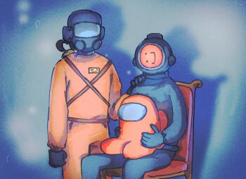 2others among_us black_gloves chair character_request color_connection commentary content_warning_(game) creature crewmate_(among_us) crossover diving_helmet emoji english_commentary facing_viewer gloves hand_on_another's_shoulder hazmat_suit helmet highres jumpsuit kira_(marshukitty) lethal_company looking_at_viewer multiple_crossover multiple_others orange_(among_us) orange_jumpsuit oxygen_mask oxygen_tank sitting smile standing trait_connection worker_(lethal_company)